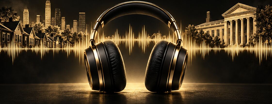 Gold headphones in front of a neighborhood skyline and a columned institution, with a glowing sound wave