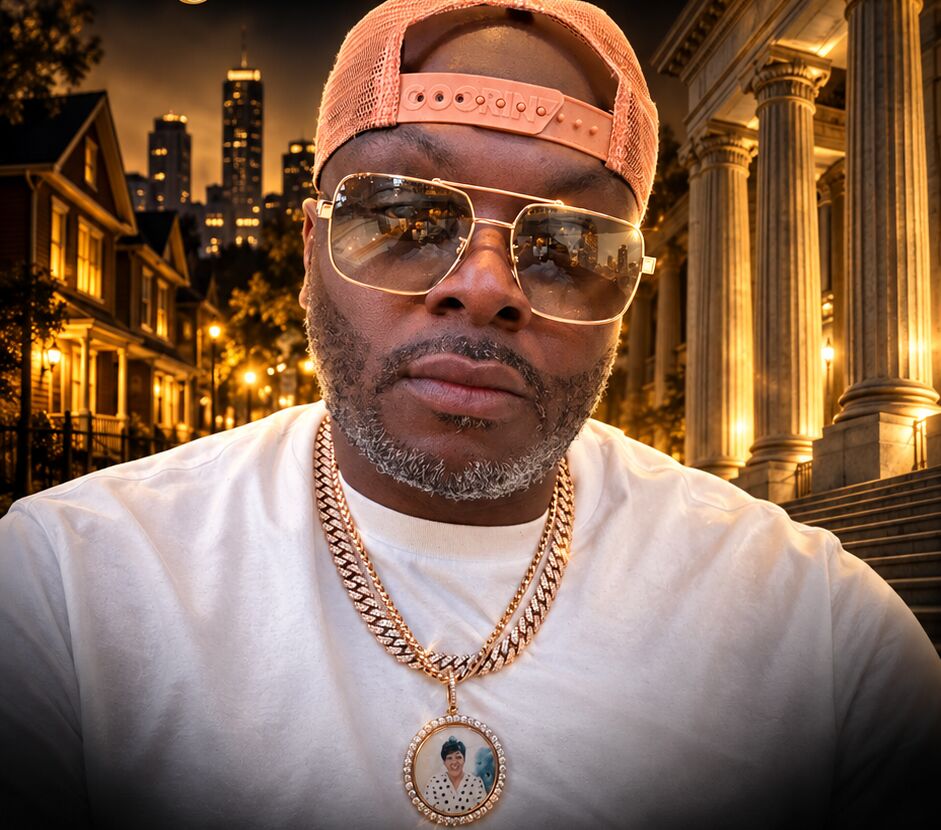 Dr. Leonard M. Brock, from the audiobook poster, lit in gold between a neighborhood street and a columned institution